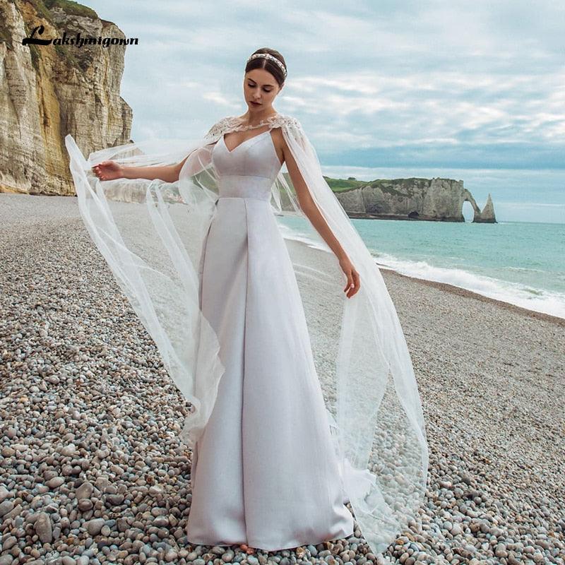 Vestidos de novia de satén con escote en V y chaqueta desmontable de NumberSea, nuevos diseños 2021