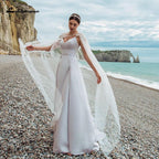 Vestidos de novia de satén con escote en V y chaqueta desmontable de NumberSea, nuevos diseños 2021