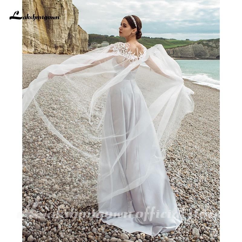 Vestidos de novia de satén con escote en V y chaqueta desmontable de NumberSea, nuevos diseños 2021