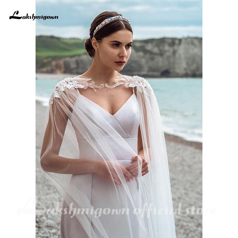 Vestidos de novia de satén con escote en V y chaqueta desmontable de NumberSea, nuevos diseños 2021