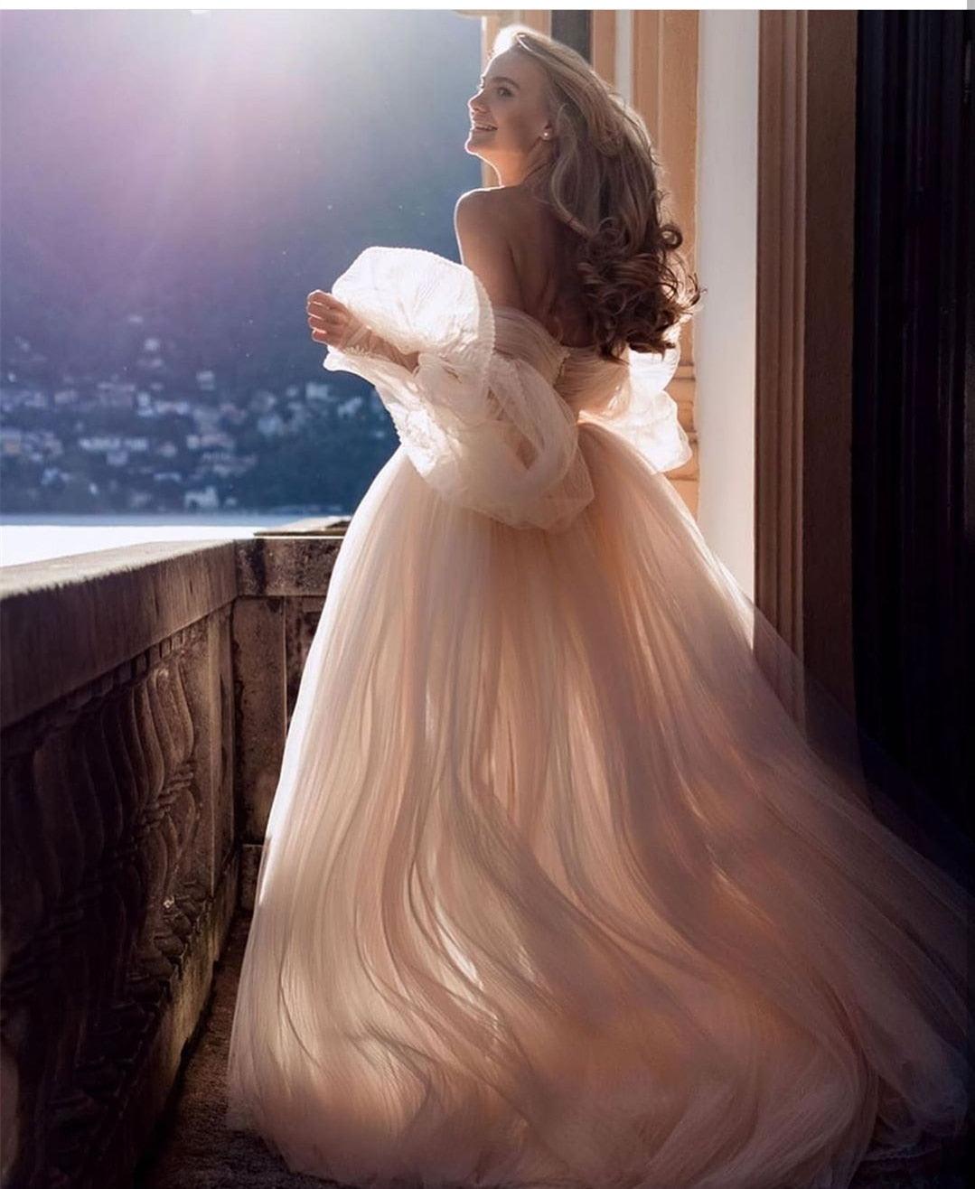Vestido de novia NumberSea, vestidos de baile, manga larga abombada, champán, hombros descubiertos, vestidos de novia brillantes, bata de boda bohème, vestidos de novia
