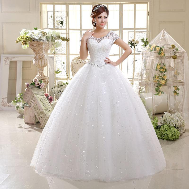 Vestido de novia NumberSea blanco de manga corta, sencillo, con cuello redondo, bordado, largo hasta el suelo, espalda descubierta, con cordones, talla grande, G111