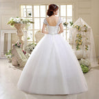 Vestido de novia NumberSea blanco de manga corta, sencillo, con cuello redondo, bordado, largo hasta el suelo, espalda descubierta, con cordones, talla grande, G111