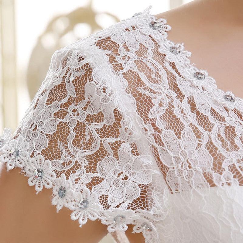 Vestido de novia NumberSea blanco de manga corta, sencillo, con cuello redondo, bordado, largo hasta el suelo, espalda descubierta, con cordones, talla grande, G111