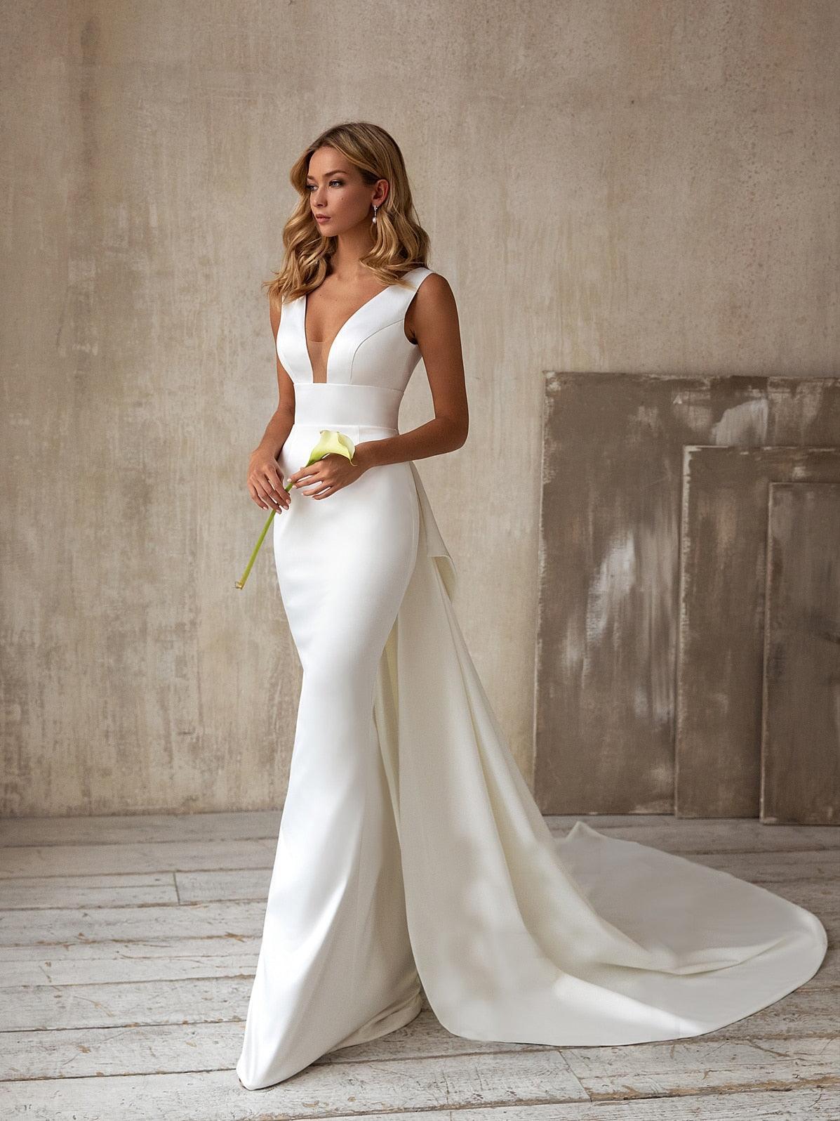 NumberSea Simple Elegant Satin Mermaid Wedding Dress Detachable Bowknot Overskirt Bow Bridal GownPlus Size