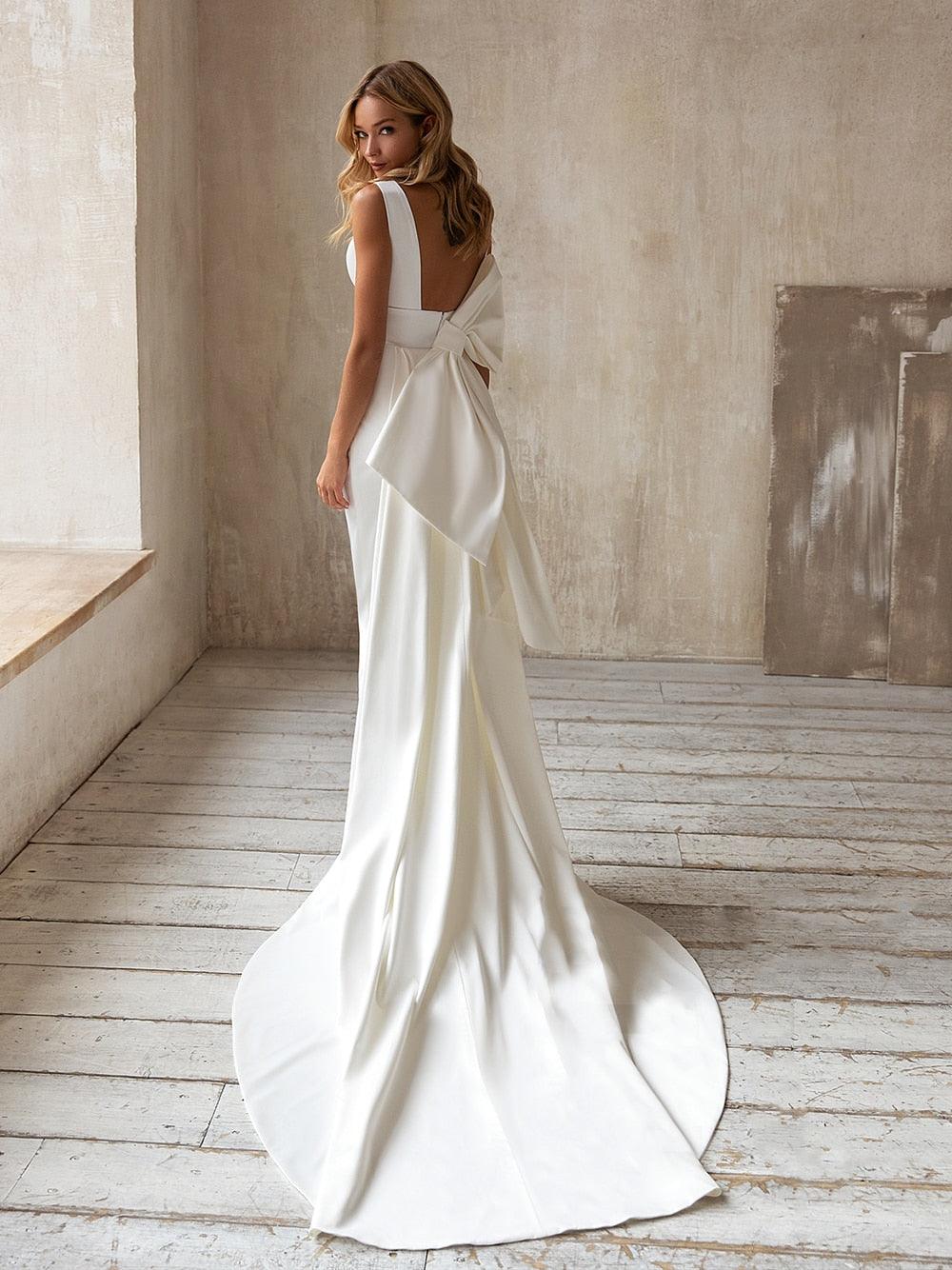 NumberSea Simple Elegant Satin Mermaid Wedding Dress Detachable Bowknot Overskirt Bow Bridal GownPlus Size