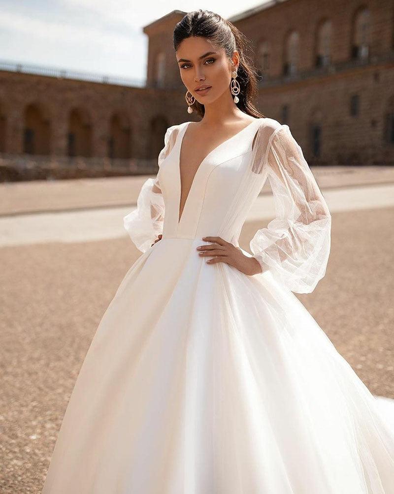 Vestidos de novia sencillos NumberSea, sexys, con escote en V, mangas largas extraíbles, vestidos de novia vintage de satén, sin espalda, vestido de novia playero
