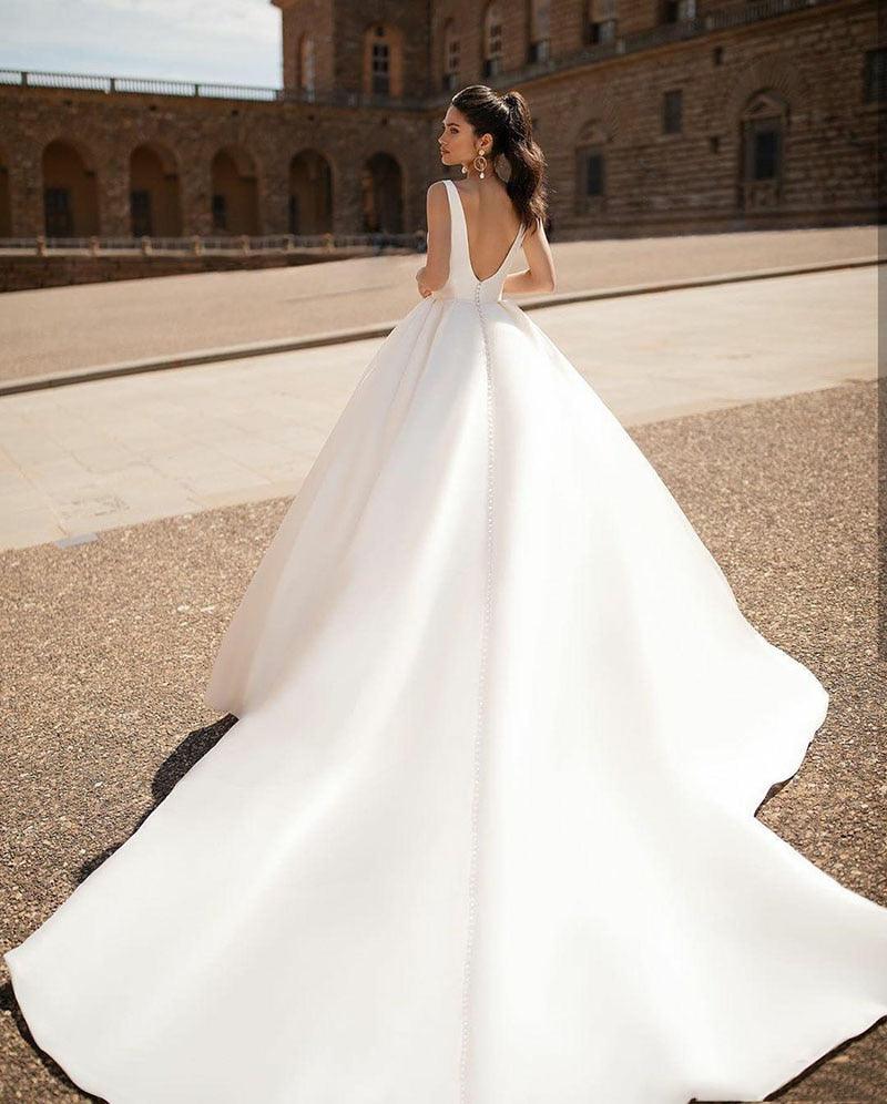 Vestidos de novia sencillos NumberSea, sexys, con escote en V, mangas largas extraíbles, vestidos de novia vintage de satén, sin espalda, vestido de novia playero