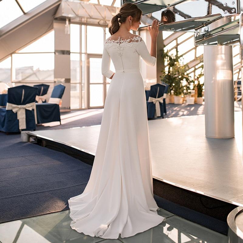 satin civil wedding dress Leely Women White Satin Midi Engagement Dress with Sleeves Bodycon Square Neck Civil Wedding Dress with Bow