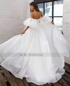 Vestido de novia blanco de princesa NumberSea, manga corta abullonada, talla grande, con cordones en la espalda, corte A, económico.
