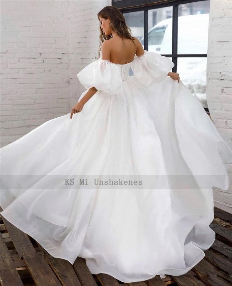 Vestido de novia blanco de princesa NumberSea, manga corta abullonada, talla grande, con cordones en la espalda, corte A, económico.