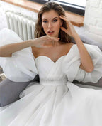 Vestido de novia blanco de princesa NumberSea, manga corta abullonada, talla grande, con cordones en la espalda, corte A, económico.