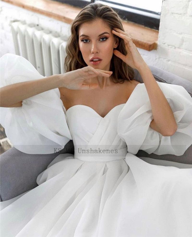 Vestido de novia blanco de princesa NumberSea, manga corta abullonada, talla grande, con cordones en la espalda, corte A, económico.