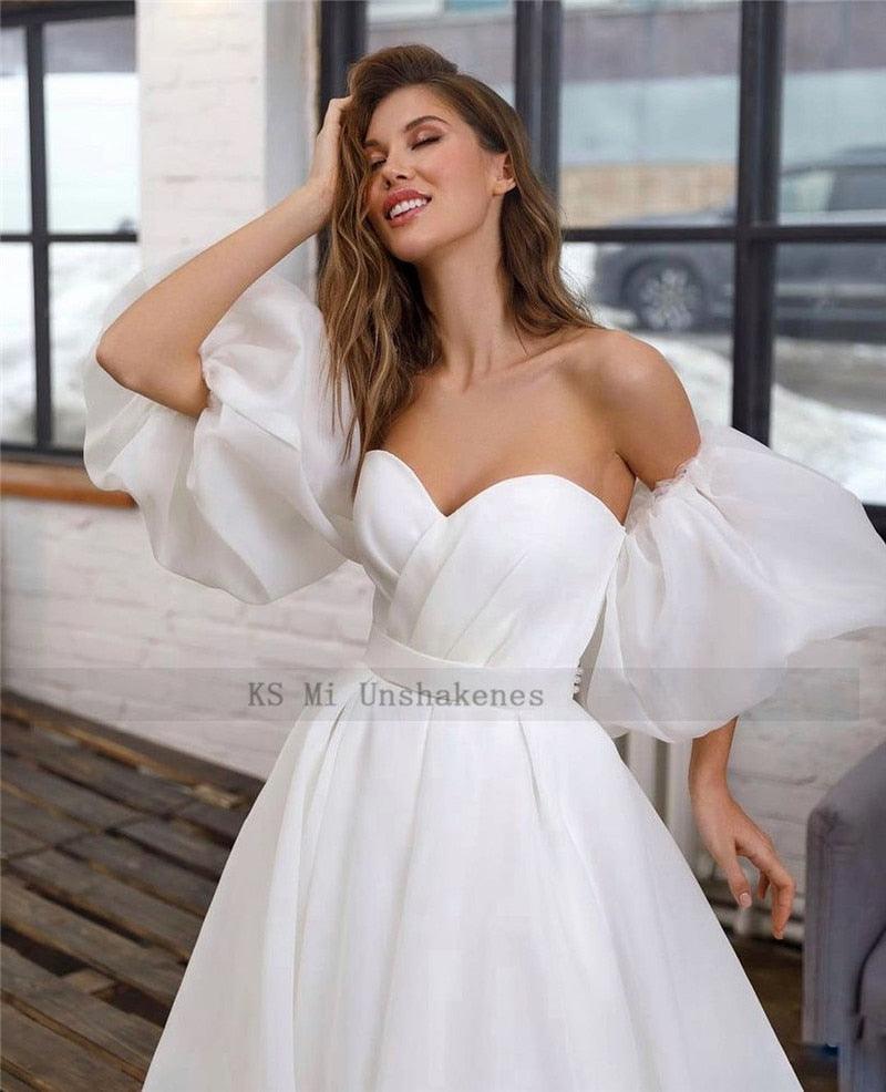 Vestido de novia blanco de princesa NumberSea, manga corta abullonada, talla grande, con cordones en la espalda, corte A, económico.