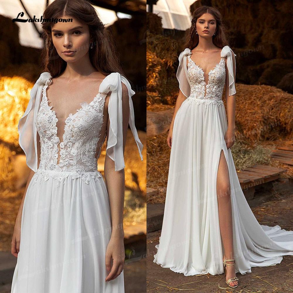 NumberSea - Vestidos de novia bohemios con abertura lateral, sexys, con cola larga, encantadores vestidos de novia playeros de gasa, corte en A, de encaje, cuello en V, 2021