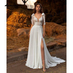NumberSea - Vestidos de novia bohemios con abertura lateral, sexys, con cola larga, encantadores vestidos de novia playeros de gasa, corte en A, de encaje, cuello en V, 2021