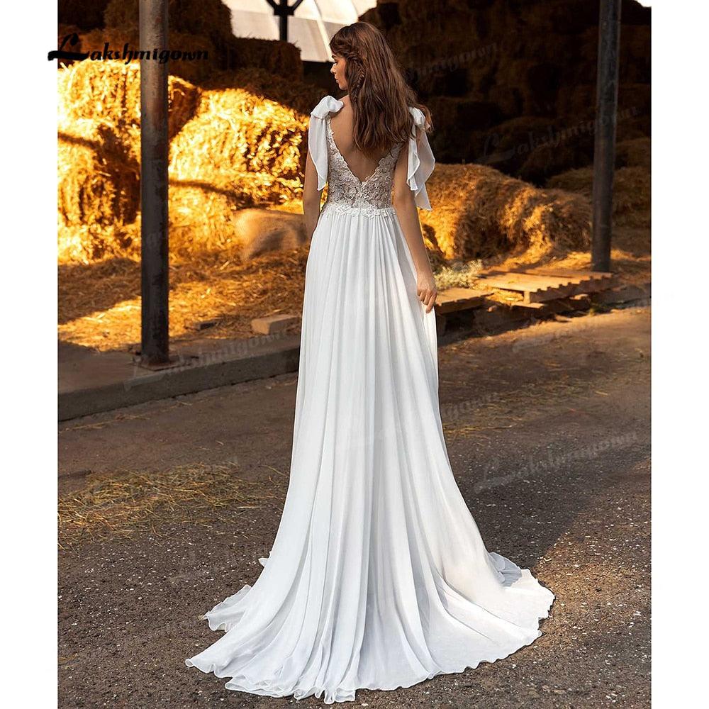 NumberSea - Vestidos de novia bohemios con abertura lateral, sexys, con cola larga, encantadores vestidos de novia playeros de gasa, corte en A, de encaje, cuello en V, 2021