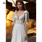 NumberSea - Vestidos de novia bohemios con abertura lateral, sexys, con cola larga, encantadores vestidos de novia playeros de gasa, corte en A, de encaje, cuello en V, 2021