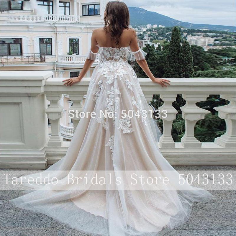 NumberSea Sexy Sweetheart A Line Wedding Dresses Off Shoulder Champagne Liner Tulle Appliques Sleeveless Bridal Gowns Womens Formal 2021