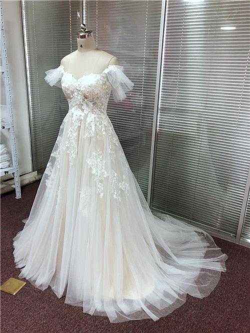NumberSea Sexy Sweetheart A Line Wedding Dresses Off Shoulder Champagne Liner Tulle Appliques Sleeveless Bridal Gowns Womens Formal 2021