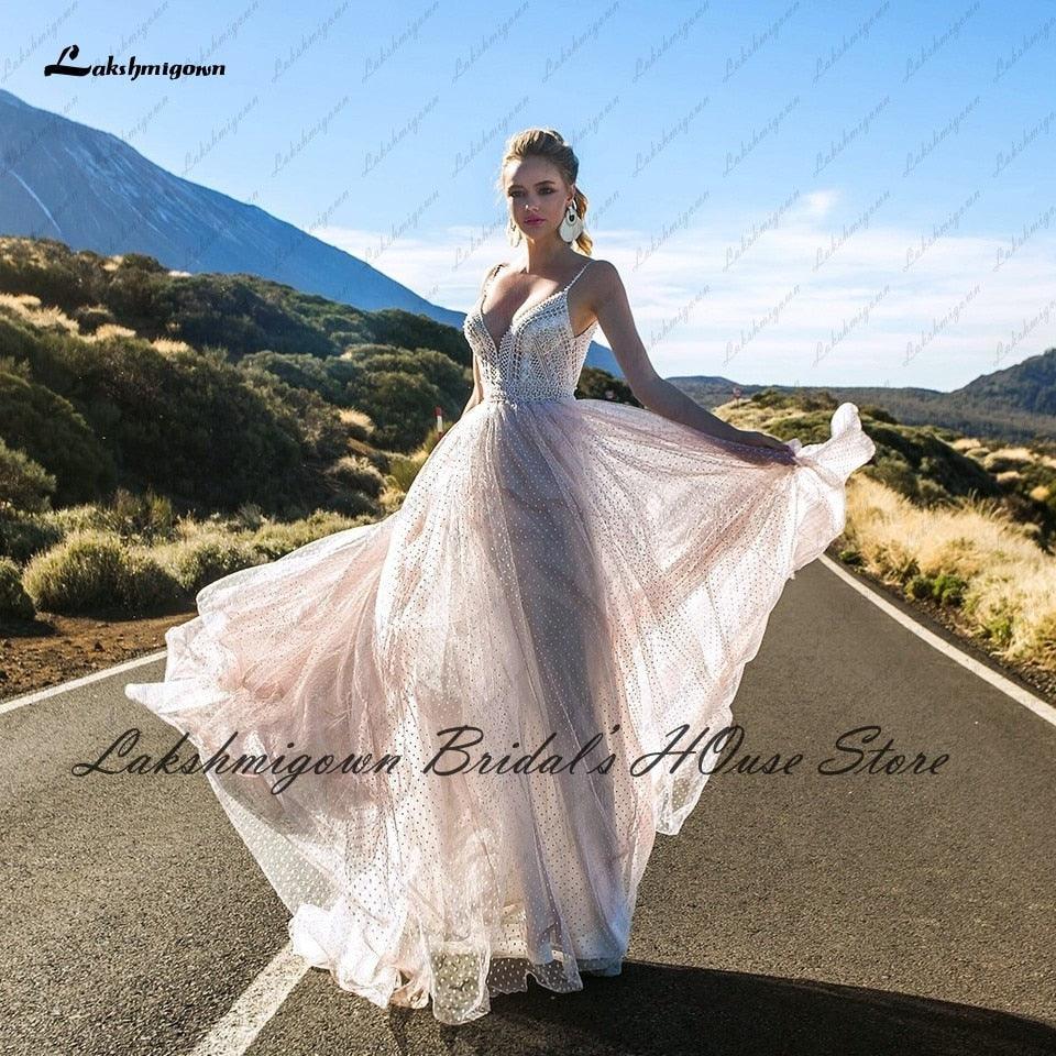 NumberSea-NumberSea Vestido Novia Boho Blush Plush Pink Wedding Dress Summer 2021 New Mariage Bridal Lace Bodice Sexy Wedding Gowns Spaghetti Straps