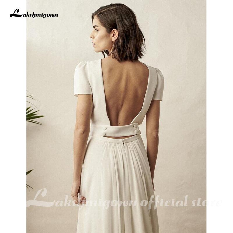 Vestido de novia blanco de dos piezas NumberSea, vestido de novia bohemio, sencillo, de playa, de manga corta, sin espalda, bata de novia para mujer