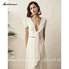 Vestido de novia blanco de dos piezas NumberSea, vestido de novia bohemio, sencillo, de playa, de manga corta, sin espalda, bata de novia para mujer