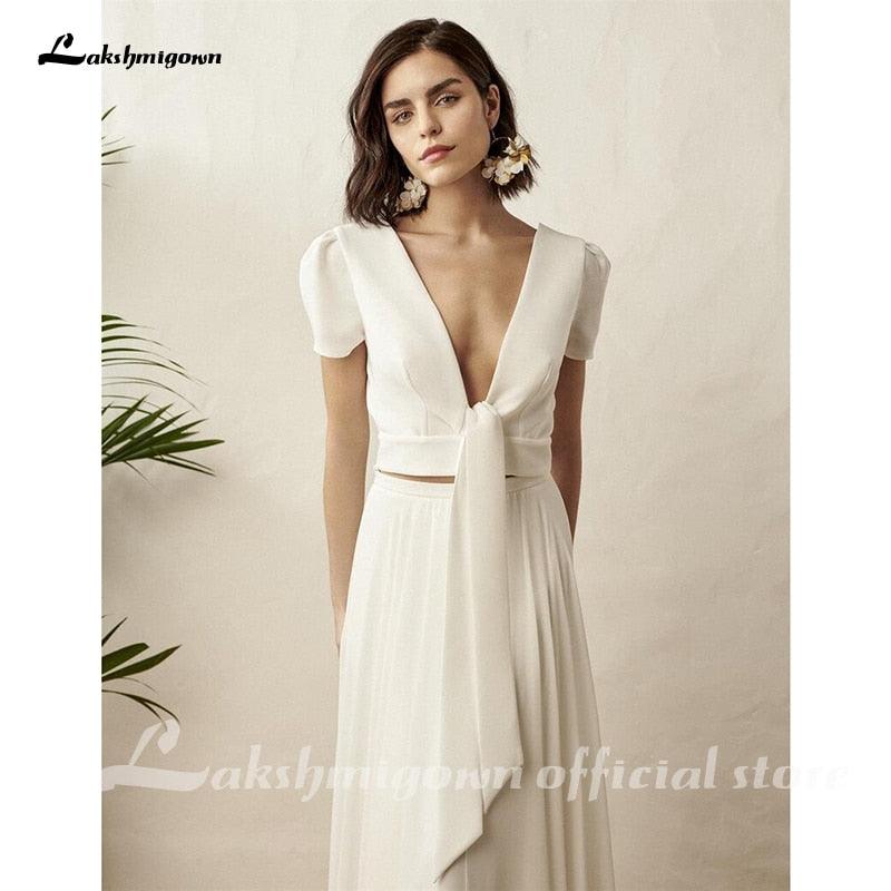 Vestido de novia blanco de dos piezas NumberSea, vestido de novia bohemio, sencillo, de playa, de manga corta, sin espalda, bata de novia para mujer