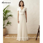Vestido de novia blanco de dos piezas NumberSea, vestido de novia bohemio, sencillo, de playa, de manga corta, sin espalda, bata de novia para mujer