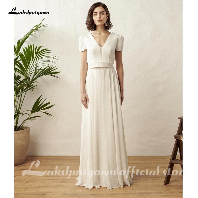 Vestido de novia blanco de dos piezas NumberSea, vestido de novia bohemio, sencillo, de playa, de manga corta, sin espalda, bata de novia para mujer