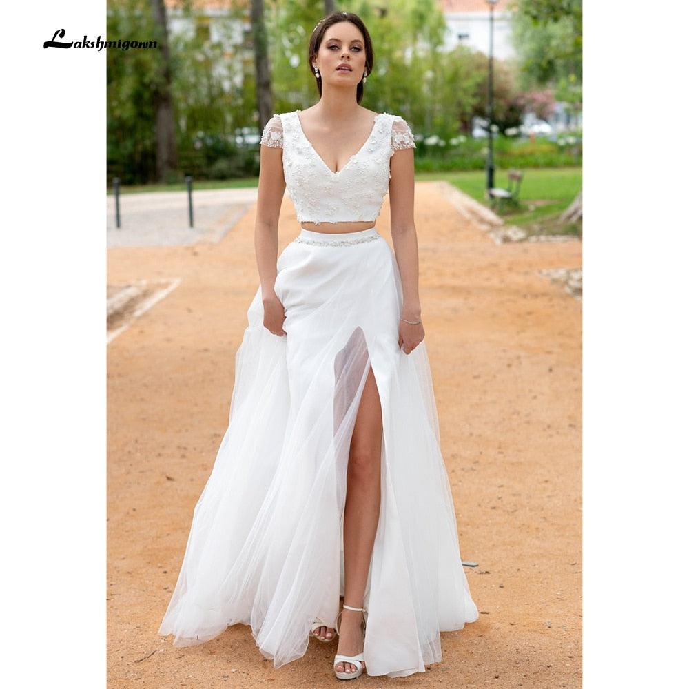Vestido de novia bohemio NumberSea 2021, sexy, de dos piezas, corte A, de gasa, con abertura lateral, largo hasta el suelo, manga larga, estilo bohemio.