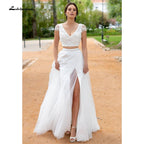 Vestido de novia bohemio NumberSea 2021, sexy, de dos piezas, corte A, de gasa, con abertura lateral, largo hasta el suelo, manga larga, estilo bohemio.