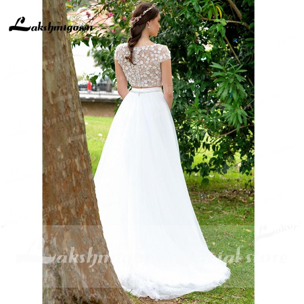 Vestido de novia bohemio NumberSea 2021, sexy, de dos piezas, corte A, de gasa, con abertura lateral, largo hasta el suelo, manga larga, estilo bohemio.