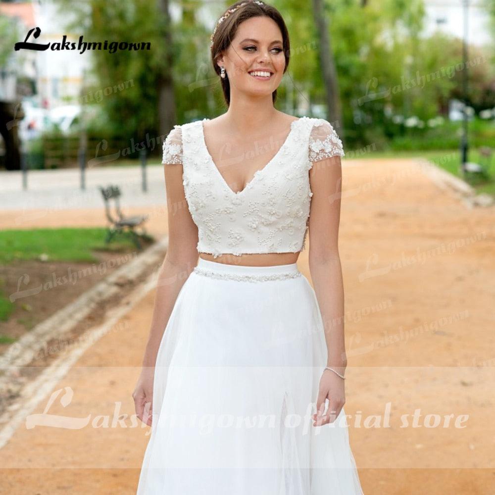 Vestido de novia bohemio NumberSea 2021, sexy, de dos piezas, corte A, de gasa, con abertura lateral, largo hasta el suelo, manga larga, estilo bohemio.
