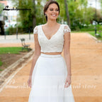 Vestido de novia bohemio NumberSea 2021, sexy, de dos piezas, corte A, de gasa, con abertura lateral, largo hasta el suelo, manga larga, estilo bohemio.