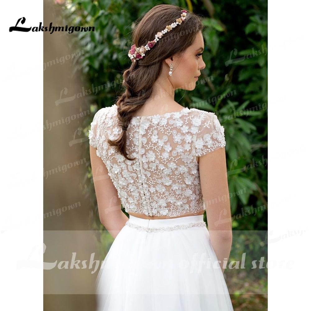 Vestido de novia bohemio NumberSea 2021, sexy, de dos piezas, corte A, de gasa, con abertura lateral, largo hasta el suelo, manga larga, estilo bohemio.