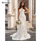 NumberSea - Vestidos de novia de sirena elegantes y sexys, de satén suave, sin mangas, escote pronunciado, cola de corte, largo hasta el suelo