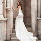 NumberSea - Vestidos de novia de sirena elegantes y sexys, de satén suave, sin mangas, escote pronunciado, cola de corte, largo hasta el suelo