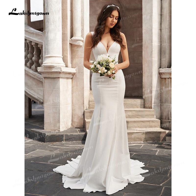 NumberSea - Vestidos de novia de sirena elegantes y sexys, de satén suave, sin mangas, escote pronunciado, cola de corte, largo hasta el suelo