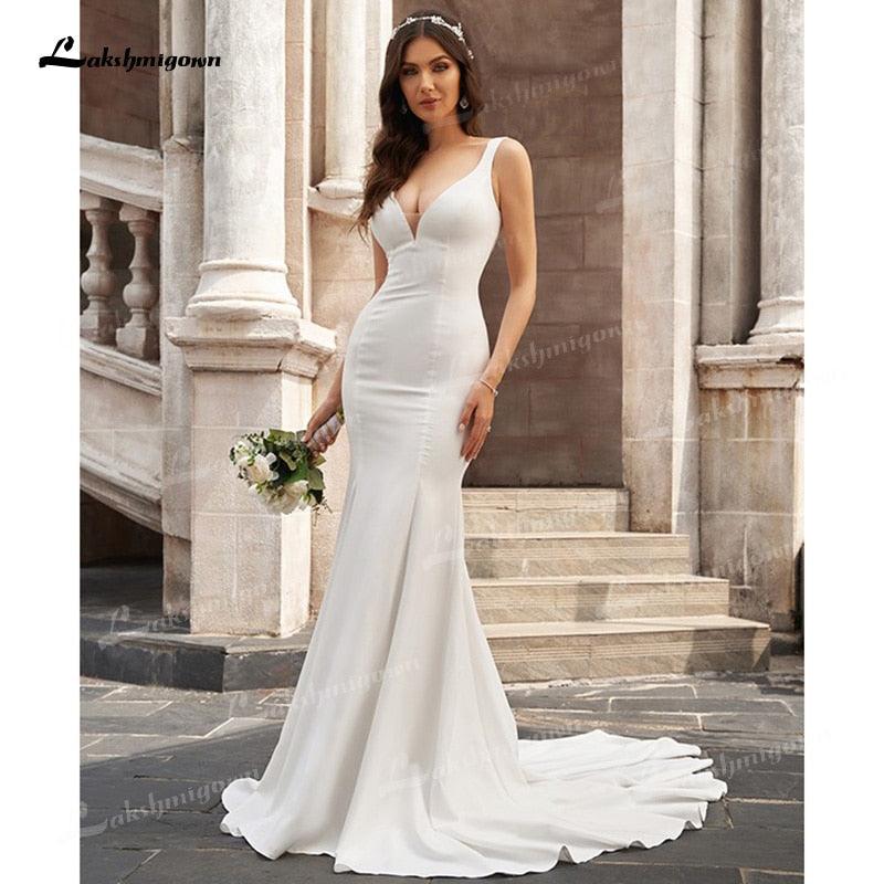 NumberSea - Vestidos de novia de sirena elegantes y sexys, de satén suave, sin mangas, escote pronunciado, cola de corte, largo hasta el suelo