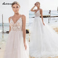 NumberSea - Vestidos de novia sexys de encaje para playa, cuello en V, estilo bohemio, tirantes finos, con cuentas, para novia de lujo