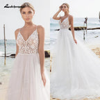 NumberSea - Vestidos de novia sexys de encaje para playa, cuello en V, estilo bohemio, tirantes finos, con cuentas, para novia de lujo
