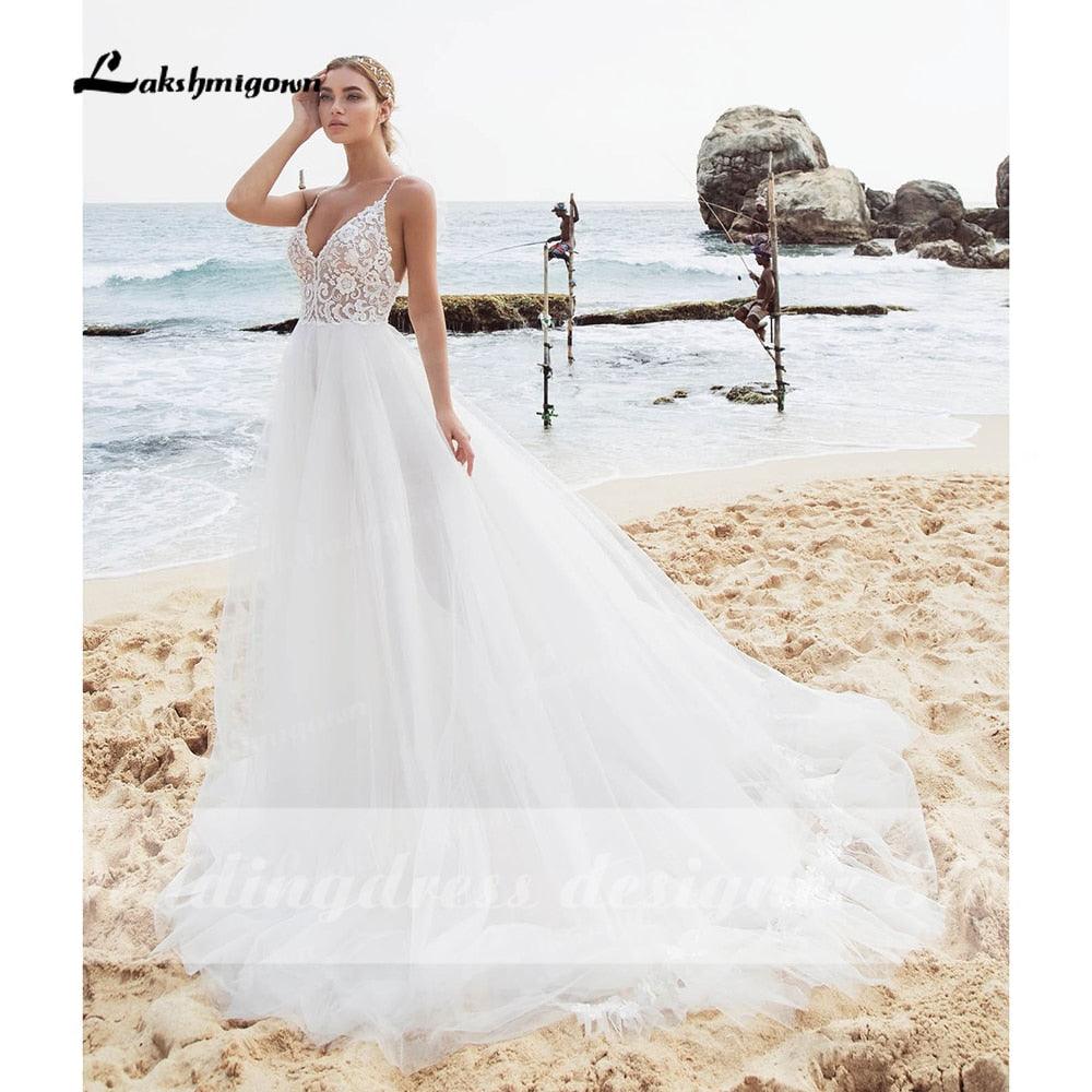 NumberSea - Vestidos de novia sexys de encaje para playa, cuello en V, estilo bohemio, tirantes finos, con cuentas, para novia de lujo