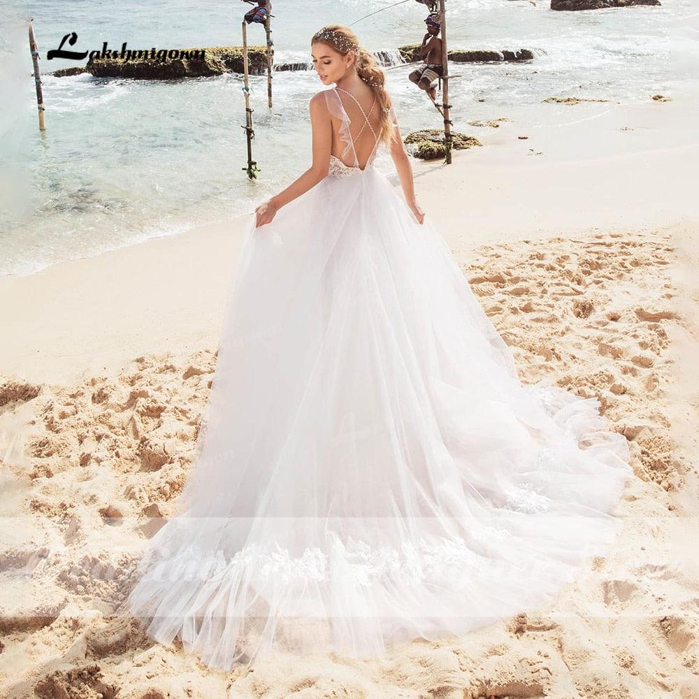 NumberSea - Vestidos de novia sexys de encaje para playa, cuello en V, estilo bohemio, tirantes finos, con cuentas, para novia de lujo
