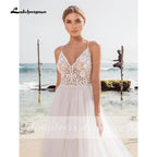 NumberSea - Vestidos de novia sexys de encaje para playa, cuello en V, estilo bohemio, tirantes finos, con cuentas, para novia de lujo