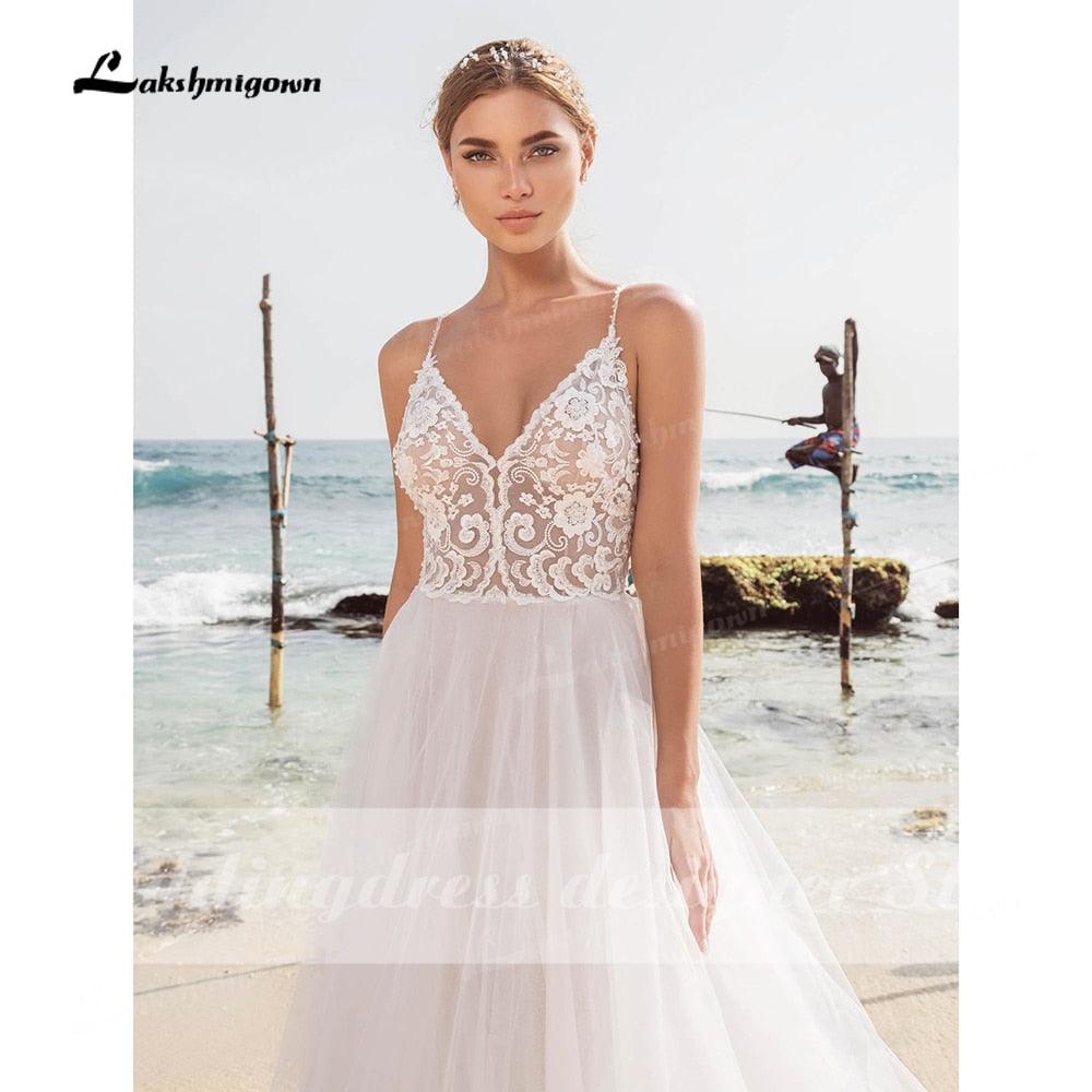 NumberSea - Vestidos de novia sexys de encaje para playa, cuello en V, estilo bohemio, tirantes finos, con cuentas, para novia de lujo