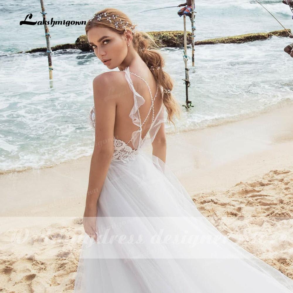 NumberSea - Vestidos de novia sexys de encaje para playa, cuello en V, estilo bohemio, tirantes finos, con cuentas, para novia de lujo