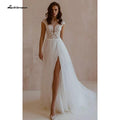 NumberSea Sexy Short Sleeve A Line Lace Tulle V-Neck Wedding Dress With Split Front boho chic lace Ivory White Bridal Gown abito da sposa