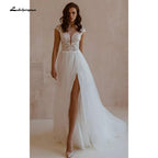 NumberSea Sexy Short Sleeve A Line Lace Tulle V-Neck Wedding Dress With Split Front boho chic lace Ivory White Bridal Gown abito da sposa