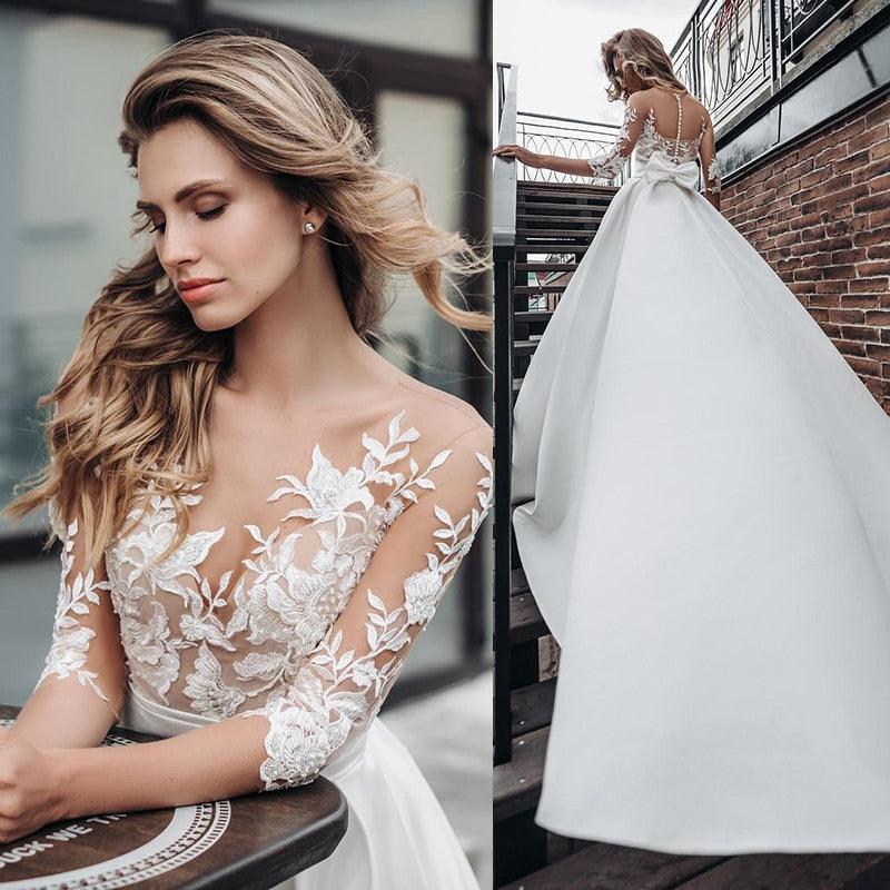 Vestidos de novia de satén NumberSea, estilo bohemio, de manga corta, con lazo y bolsillo, con apliques de encaje, hechos a medida